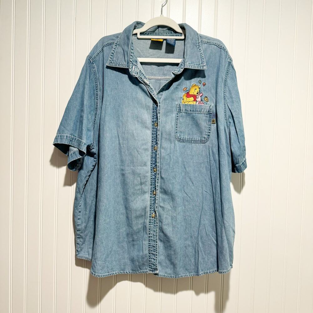 Vintage Disney Pooh Piglet Fall Autumn Denim Shirt Short Sleeve Plus Size 22/24